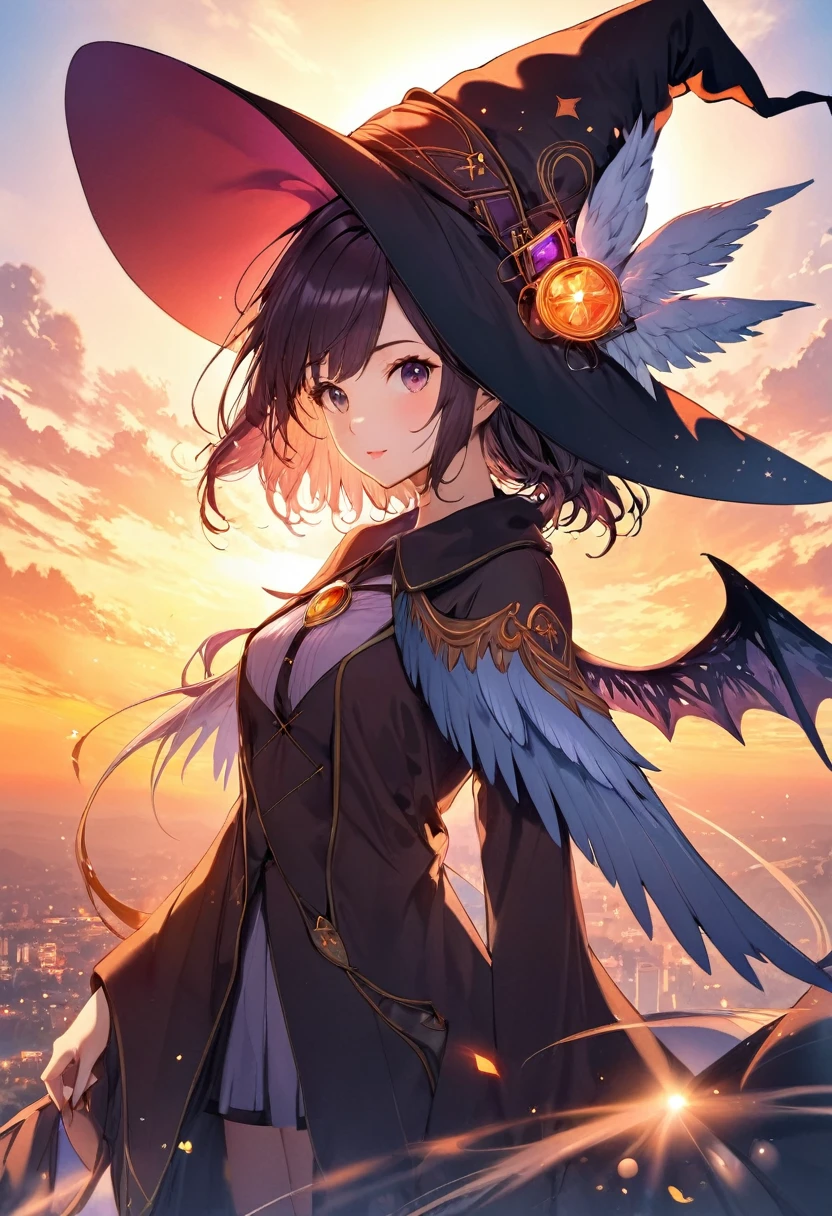 a beautiful atractive woman with a witch's hat, angel wings, sunrise