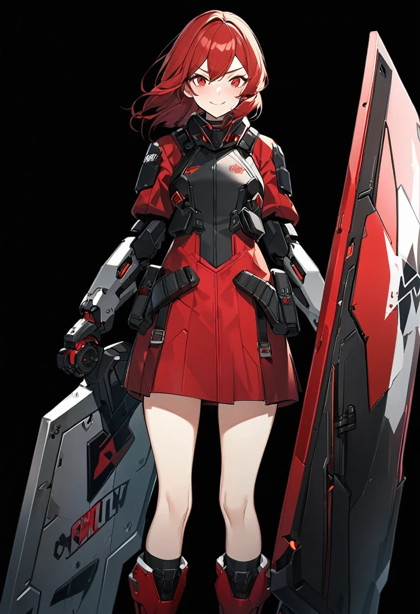 Anime-style woman in black and red outfit holding large shield, Cyberpunk Anime Girl Mecha, Wearing technical clothing, Amazing anime 8k, From Girls Frontline, Mechanized Soldier Girl, Special Assault Team, special forces, M4 Sopmod II Girls Frontline, Official character art, Kashert Kenz, Kshat Garland, ((short length red hair)), innocent, cute, smiling, ((black background)), ((simple background)), ((holding super large shield)), ((Shield as tall as the owner's height)), ((small chest)), ((black long botoms)), , ((Kindness)), ((gentleness)), shy