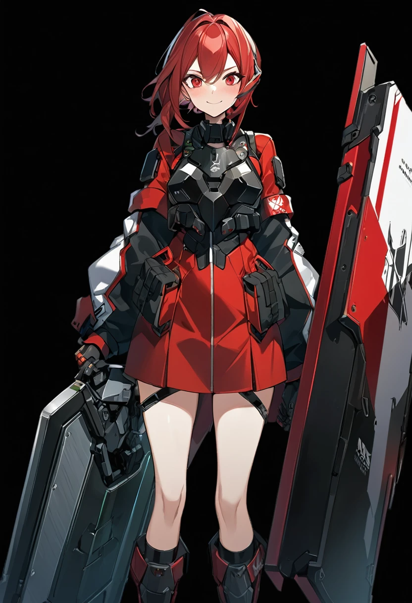 Anime-style woman in black and red outfit holding large shield, Cyberpunk Anime Girl Mecha, Wearing technical clothing, Amazing anime 8k, From Girls Frontline, Mechanized Soldier Girl, Special Assault Team, special forces, M4 Sopmod II Girls Frontline, Official character art, Kashert Kenz, Kshat Garland, ((short length red hair)), innocent, cute, smiling, ((black background)), ((simple background)), ((holding super large shield)), ((Shield as tall as the owner's height)), ((small chest)), ((black long botoms)), , ((Kindness)), ((gentleness)), shy