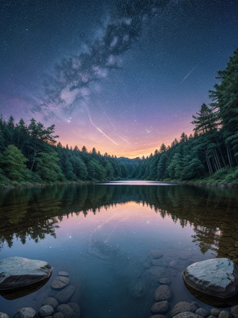 "Create an animated-style image of a serene nature scene at twilight. The scene should include a clear stream flowing through a forest with tall trees and large rocks. The sky should be filled with stars and have a gradient of purple and blue hues. Use vibrant colors and smooth lines to give the image a polished and enchanting look."