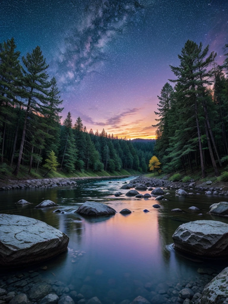 "Create an animated-style image of a serene nature scene at twilight. The scene should include a clear stream flowing through a forest with tall trees and large rocks. The sky should be filled with stars and have a gradient of purple and blue hues. Use vibrant colors and smooth lines to give the image a polished and enchanting look."
