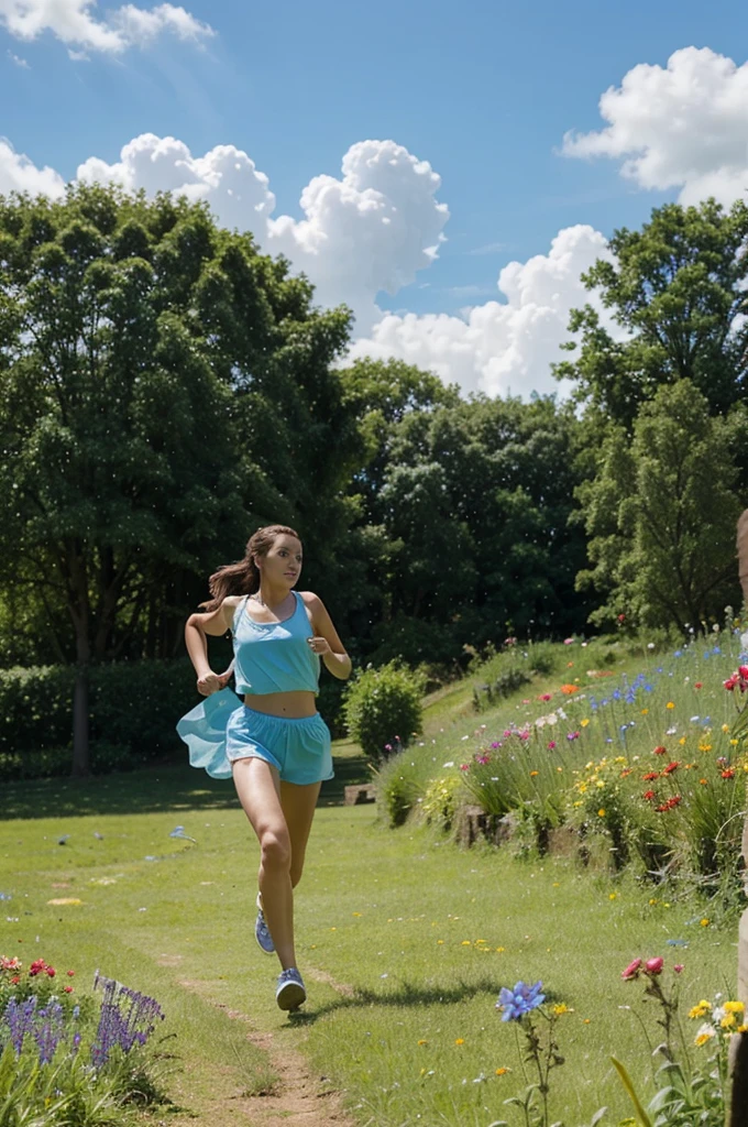 Glade with flowers, blue sky with light clouds, A girl runs through a clearing after a butterfly
