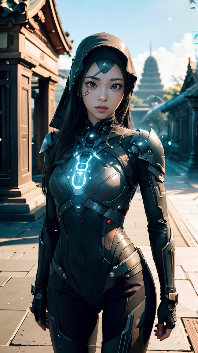 ((Best quality)), ((masterpiece)), (detailed:1.4), 3D, a beautiful cyberpunk female figure with VAIL or HIJAB, (full-coverage electronic leather suit), light particles, pure energy chaos anti-technology, HDR (high dynamic range), ray tracing, NVIDIA RTX, Super-Resolution, Unreal 5, Subsurface scattering,PBR Texturing,Post-processing,Anisotropic Filtering,Depth-of-field,Maximum clarity and sharpness,Multi-layered textures,Albedo and Specular maps,Surface shading, Accurate simulation of light-material interactions, perfect proportions, Octane Render, two-tone lighting, large aperture, low ISO, white balance, rule of thirds, 8K RAW, background in Prambanan Temple Indonesia