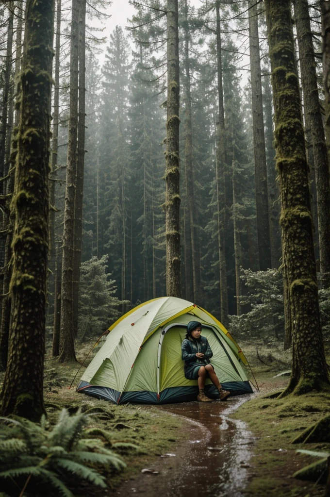 Solo camping in heavy rain in the forest a girl