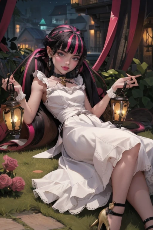 1 girl, a girl with bat wings, holding a red rose, succubus, a red roses on focus, red roses, black hair, pink hair, multicolored hair, bat choker, necklace, centered, bat jewelry, gothic scenery, Pink bat Jewelry, smile, vampire fangs, (looking at viewer), Draculaura_MH, wavy hair, solo, red roses, ornament hair, pink roses on her hair, bat ears on the top of the head, a vampire girl, holding a red rose, perfectly body, perfectly hands, pink hair, flowing hair, short hair, laying down on a grass, chinese garden style, oriental garden, a lake with white carpas on the background, gold lantern, black dress, chinese black dress, a dress with layers, short skirt, more details on her clothes, laying down, golden details, night, smiling, pink dress, garden scene, cowboy shot, luxury, gold details on her clothes, 1girl, dress, jewelry, maid clothes, maid, maid dress, maid apron, maid headdress, white apron, solo, black dress, gold lantern, Chinese style, Chinese lanterns, Chinese maid dress, laying down on the grass, black gloves, black socks, white laces, pink shoes, gold details on her clothes, cat ears, animal ears, garden, roses, more details, best quality