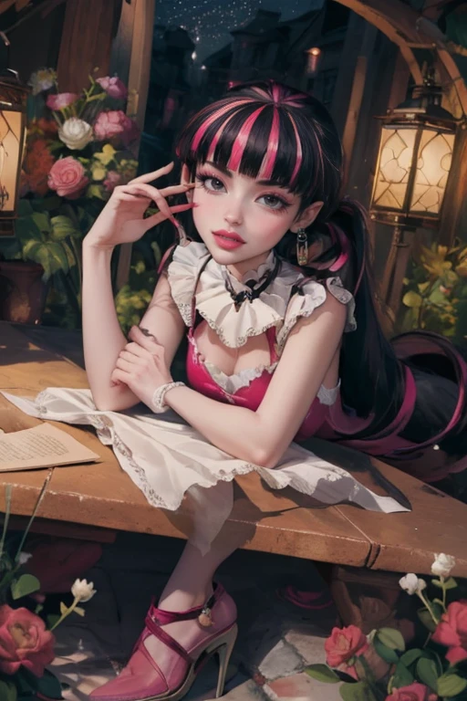 1 girl, a girl with bat wings, holding a red rose, succubus, bakery, a red roses on focus, red roses, bat choker, necklace, centered, bat jewelry, gothic scenery, Pink bat Jewelry, smile, vampire fangs, (looking at viewer), Draculaura_MH, wavy hair, solo, white roses, ornament hair, pink roses on her hair, bat ears on the top of the head, a vampire girl, holding a red rose, perfectly body, perfectly hands, pink hair, flowing hair, short hair, laying down on a grass, chinese garden style, oriental garden, a lake with white carpas on the background, gold lantern, pink dress, chinese pink dress, a dress with layers, short skirt, more details on her clothes, golden details, night, smiling, pink dress, garden scene, cowboy shot, luxury, gold details on her clothes, 1girl, dress, jewelry, maid clothes, maid, maid dress, maid apron, maid headdress, white apron, solo, pink dress, gold lantern, Chinese style, Chinese lanterns, Chinese maid dress, red gloves, white socks, white laces, red shoes, gold details on her clothes, cat ears, animal ears, garden, flowers, temple, lantern rite, more details, best quality