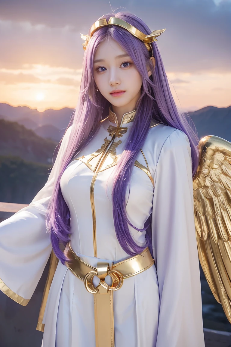 ((masterpiece, best quality, extremely detailed), volumetric lighting, ambient occlusion, colorful, glowing), 
1girl, solo, young girl, (purple hair), long hair, halo, aura, sacred, goddess, cleric suit, (white outfit with gold detailst:1.3), angel wings,
outdoors, sunset, sky, clouds, space, (fantasy theme:1.2),