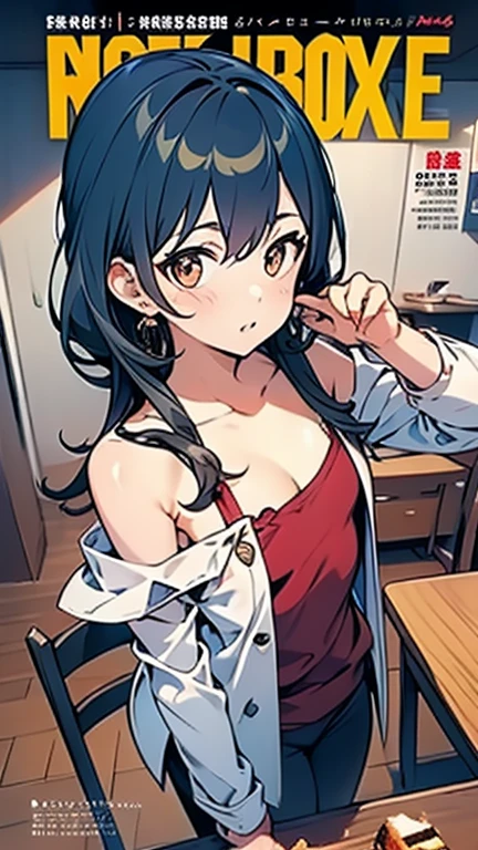 (Small breastss:1.3), (Firm breasts:1.1), (Pointed Chest:1.0), (Pudding cake magazine cover:1.3)，(From above:1.0),(From the side:0.9),masterpiece, One girl, Great cleavage:1.1, Narrow waist, BIG ASS, Raised to be sexy, Small breasts: 1.3, Posing and showing off cleavage:1.2、alone, Open your mouth, cute beer glass cute grass,Black Hair, Dark green eyes, dress, Exposing shoulders, jewelry, clavicle, Side Lock, hair band, Earrings, indoor, Off the shoulder, sweater, Put your arms behind your back, plant, short hair and long locks, gild hair band, sweater dress:1.2, off-shoulder sweater, red sweater, Dark Gorgeous Hair, Big side hair, Very long side hair,Rendered (masterpiece: 1.2, highest quality), and (Ultra-high resolution) And exquisite (Depth of written boundary). This masterpiece is not only visually stunning but also tells,Cooking in the classroom kitchen ,View Viewer,

