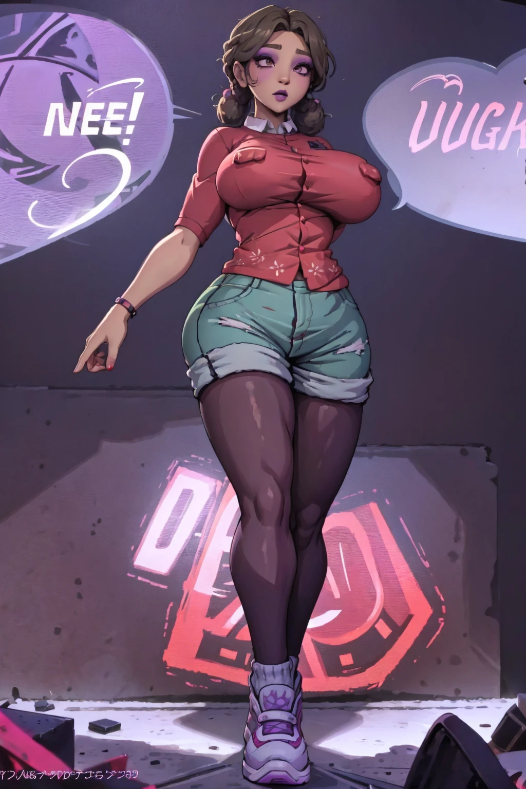 ,cassie, makeup purple eyeshadow red shirt shorts sneakers Extra large breast ement full-body shot