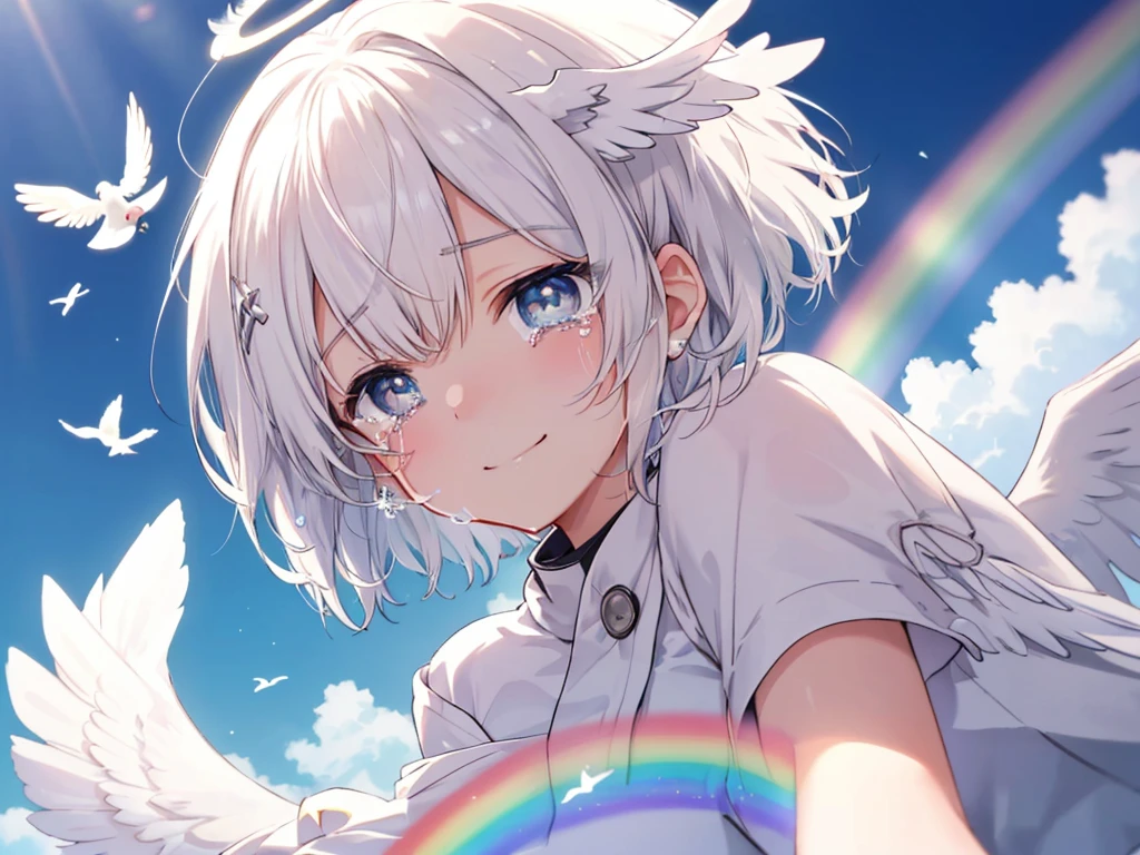 (((Extreme close-up　tears　smile　Low - Angle　Dove of peace　Angel Halo)))　((輝くtears　Rainbow Eyes　Short Hair　Receiving the light　Rainbow light))　(Shining Edge)