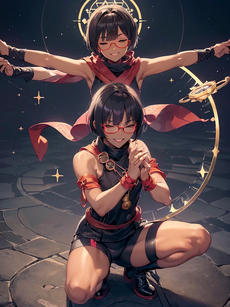 (flat chest:), (masterpiece:1.2), highest quality, High resolution, unity 8k wallpaper, (fine and beautiful eyes:1.6), highly detailed face, perfect lighting, Detailed CG, (perfect hands, perfect anatomy), (1 boy solo:1.4), 20 years old, black hair, extremely beautiful detailfeminine face and eyes, (evil smile:1.4), detailed eyes, best quality,( dark skin:1.8), (turtleneck shirt under yukata:1.2), (bike shorts:1.2), extremely detailed, very precise detailed, (glasses:1.3), blunt bangs, open mouth, (very short pixie cut:1.2), boots,fingerless gloves, smile, (half closed eyes:1.5) ,(squat in magic circle on ground:1.1) ,night sky,long sidelocks,(long red Scarf),(yukata),(squatting),(acrobat pose:1.3),(squat:1.3),(one knee dwon:1.5),(Put one foot in front:1.3),(stylish pose:1.4),(Raise only index finger:1.1),(spread arms:1.5), (1990s \(style\)),(in magic circle on ground only:1.3),(from above:1.2),(open magic scroll by both hands:1.9),(have magic scroll:1.3)