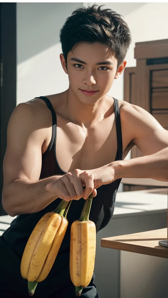 (RAW photo :1.2), (verisimilitude :1.4), (pure background), Asian male, banana in hand, posing at screen smiling, very detailed eyes and face, super detailed, high resolution, very detailed, best quality, masterpiece, 8k, amazing, fine detail, soft lighting
