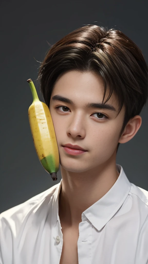 (RAW photo :1.2), (verisimilitude :1.4), (pure background), Asian male, banana in hand, posing at screen smiling, very detailed eyes and face, super detailed, high resolution, very detailed, best quality, masterpiece, 8k, amazing, fine detail, soft lighting