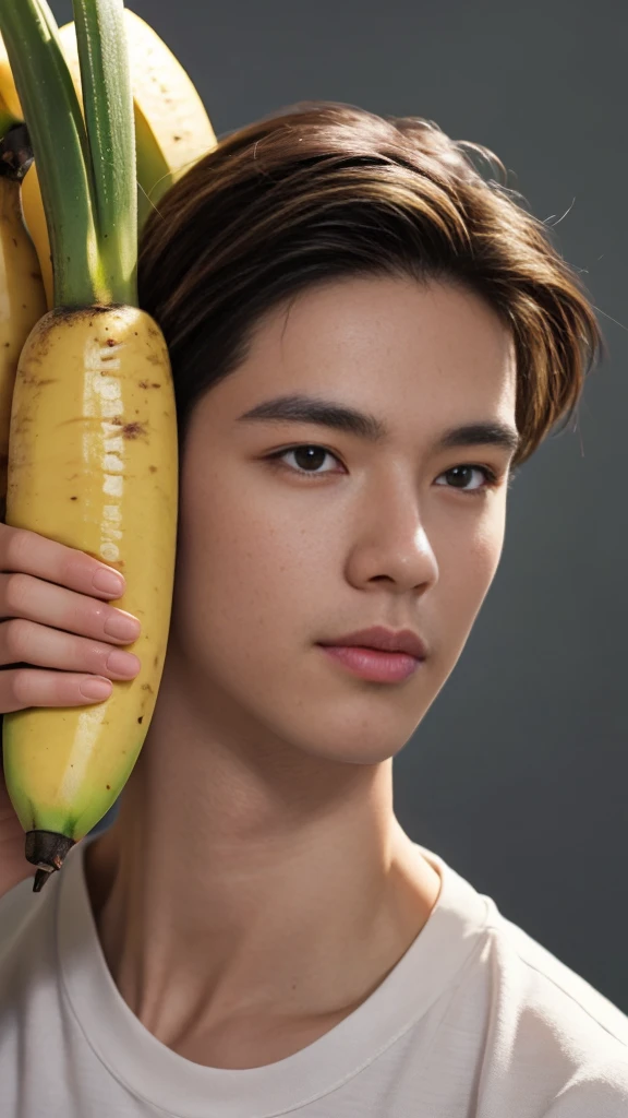 (RAW photo :1.2), (verisimilitude :1.4), (pure background), Asian male, banana in hand, posing at screen smiling, very detailed eyes and face, super detailed, high resolution, very detailed, best quality, masterpiece, 8k, amazing, fine detail, soft lighting