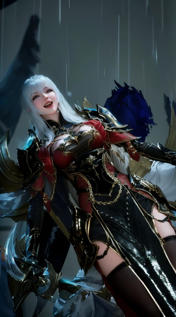 A woman in a theatrical costume holding a sword, 8k photo, from ncsoft, 8k highly detailed character, from Lineage 2, Lineage 2 revolution style, unreal engine rendering + goddess, 3D rendered character art 8k, portrait of a dragoon, Final Fantasy 14 style, Final Fantasy 14 Heavensward, laughing