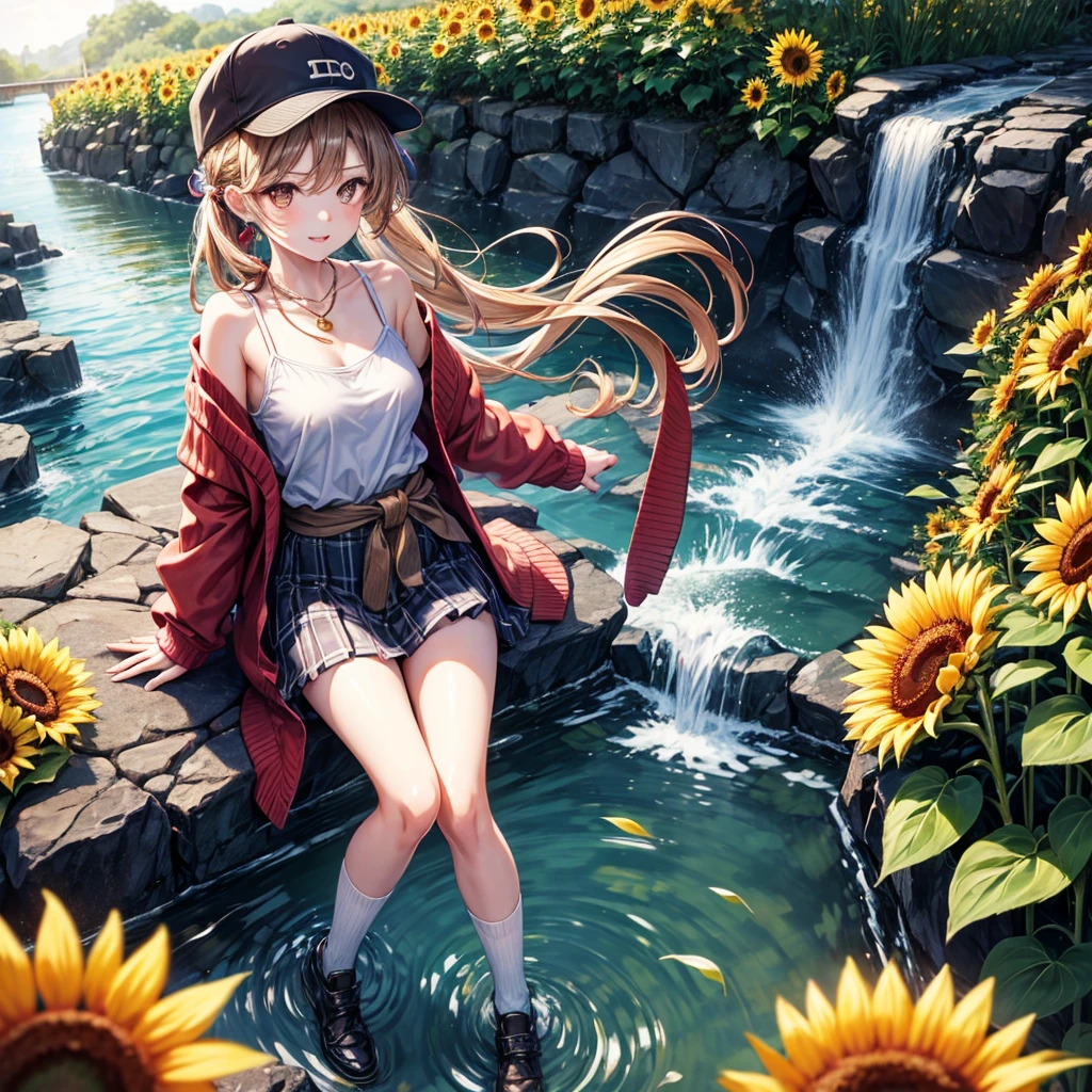 Red, brown, gold, gold hair、Golden Eyes、Hair tied up、One good looking girl、solo、anime、Checkered mini skirt、Ruffles on the skirt、camisole、Lightweight cardigan、Black knee-high socks、Wearing a baseball cap、Ribbon、Ribbon on waist、Teeth are visible、Silver coin necklace、shine、From above、Sparks are flying、tunnel、Cobblestones、waterfall、Clear Stream、Sunflower field、Have sunflowers、Midnight Moon、Winding Road、Unlocking