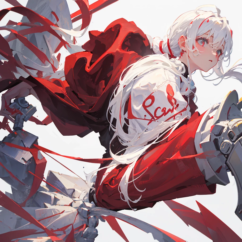 A girl with a high ponytail wearing a red sweatshirt,Beautiful figure,White hair,((Pure white background))