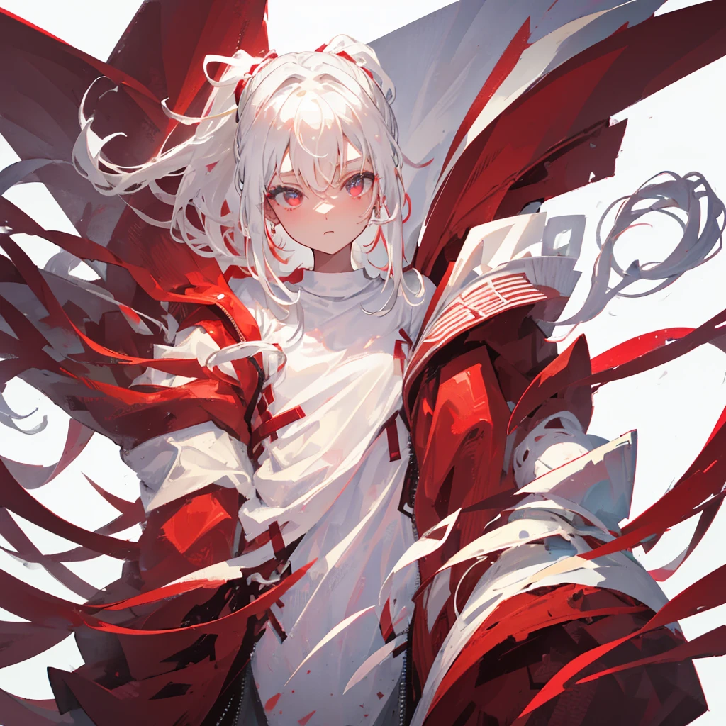 A girl with a high ponytail wearing a red sweatshirt，Beautiful figure，White hair，((Pure white background))