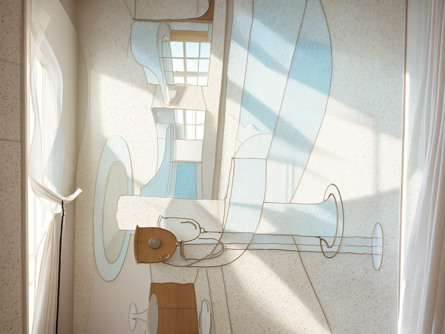 zen livingroom style, terrazzo floor, curtains,
 glass window, masterpice
 paintings, three bell,
 daylight, soft light ”