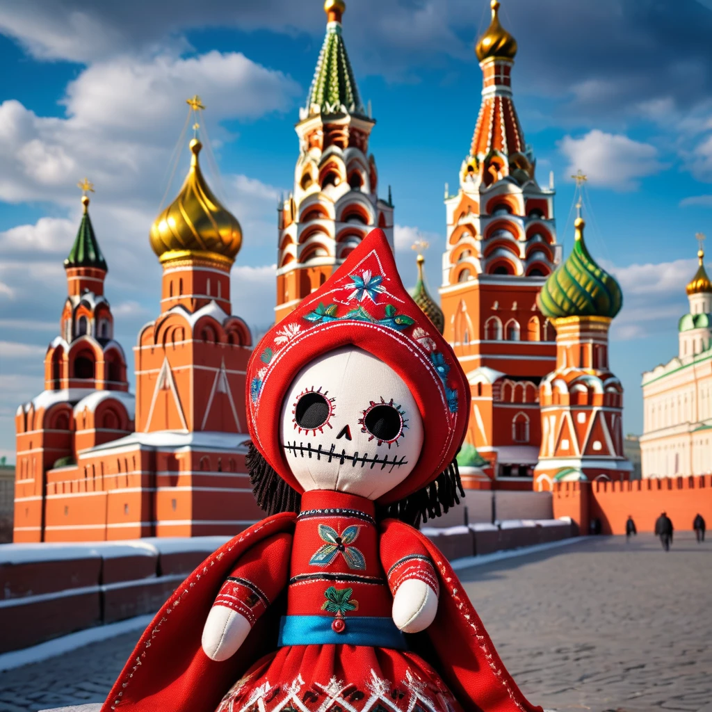 (knitted toy voodoo doll:1.2), (Voodoo in Traditional Russian Attire:1.3), (Clothing: traditional Russian sarafan and kokoshnik:1.0), (background: Moscow Kremlin with its iconic towers and walls, under a bright, clear sky:1.2), best quality, masterpiece, detailed soft oil painting, detailed background, dramatic cinematic lighting, soft edge lighting, professional, dramatic lighting, hard edge lighting, ultra quality, 4k,masterpiece, best quality, 8k, ultra highres, highres, extremely detailed