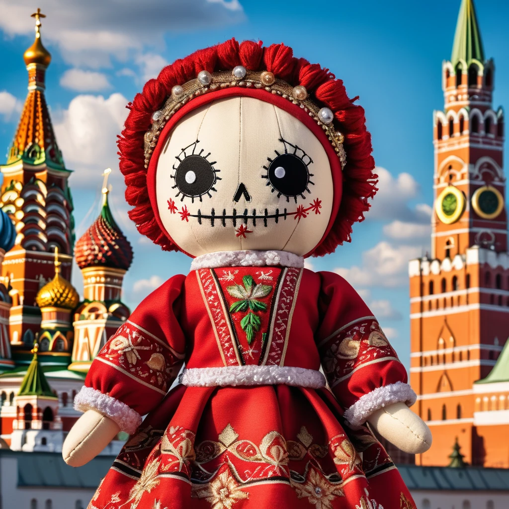 (knitted toy voodoo doll:1.2), (Voodoo in Traditional Russian Attire:1.3), (Clothing: traditional Russian sarafan and kokoshnik:1.0), (background: Moscow Kremlin with its iconic towers and walls, under a bright, clear sky:1.2), best quality, masterpiece, detailed soft oil painting, detailed background, dramatic cinematic lighting, soft edge lighting, professional, dramatic lighting, hard edge lighting, ultra quality, 4k,masterpiece, best quality, 8k, ultra highres, highres, extremely detailed