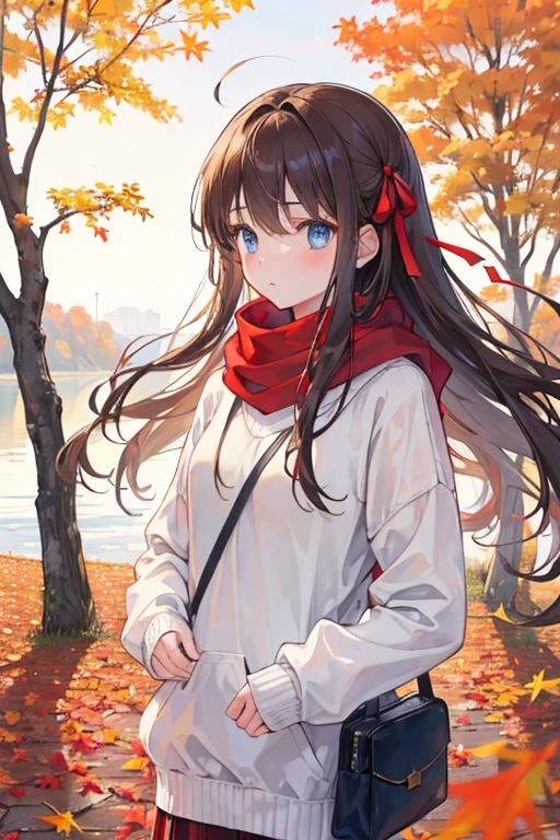 (masterpiece), Highest quality, Super detailed, figure, Warm lighting, Soft lighting, Bright colors, 1 Girl, alone,( beautiful girl, Long Hair, blue eyes, ribbon, Brown Hair, Hair between the eyes, hair ribbon, Side Lock, very Long Hair, Messy Hair,) , autumn, Lots of maple trees, maple leaf, Golden Leaf, autumn leaves, Dry leaves, river,  Fresh air,  peace, Cool breeze , Sweater Weather,( Wear a white or brown sweater, Red scarf, melancholyなautumn, Lost in Thought, melancholy, sad ,Worried, longing,)