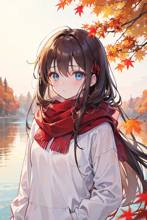 (masterpiece), Highest quality, Super detailed, figure, Warm lighting, Soft lighting, Bright colors, 1 Girl, alone,( beautiful girl, Long Hair, blue eyes, ribbon, Brown Hair, Hair between the eyes, hair ribbon, Side Lock, very Long Hair, Messy Hair,) , autumn, Lots of maple trees, maple leaf, Golden Leaf, autumn leaves, Dry leaves, river,  Fresh air,  peace, Cool breeze , Sweater Weather,( Wear a white or brown sweater, Red scarf, melancholyなautumn, Lost in Thought, melancholy, sad ,Worried, longing,)