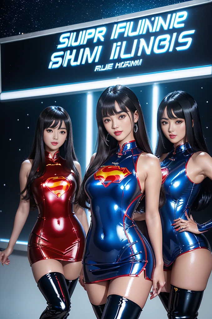 ((Four Chinese idols standing in a row)) Mature Woman Brown hair with bangs Wavy Hair Big eyes ((Bright red plump lips)) ((Beautifully lit night stage)) ((Racing model costume-style bodycon dress with sponsor logo made of super shiny silver and blue enamel material)) ((Ultra-glossy patent leather knee-high boots)) masterpiece 8K Drawn from above Beautiful armpits Beautiful smile