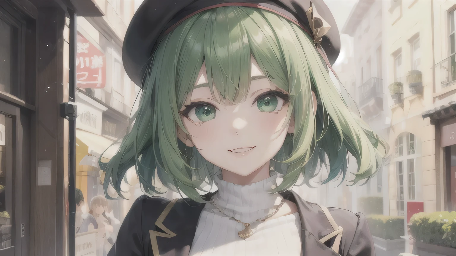 One Girl,20-year-old,Beautiful Face,Upper Body, Yellow-green hair,Medium Hair、Sharp focus,beret、A cheerful smile、Green Eyes