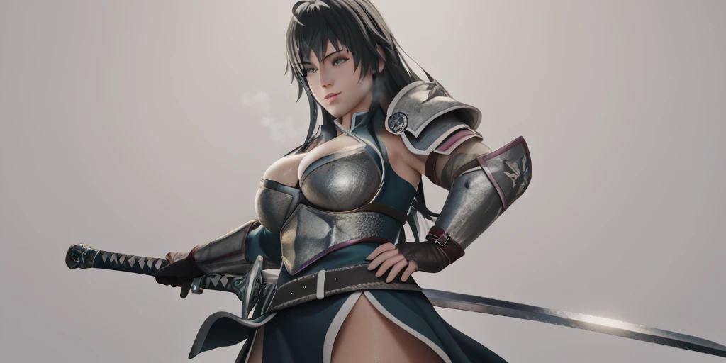 score_9, score_8_up, score_7_up, score_6_up, uncensored, yukinoshita yukino, long hair, black hair, grey eyes, makeup, curvy, anatomically correct, heavy breathing, huge breasts, sword, weapon, 1girl, solo, armor, long_hair, sheath, breasts, hand_on_hip, belt, large_breasts, grey_background, shoulder_armor, pauldrons, gloves, holding, grey eyes, naughty face, lips, steaming body, 