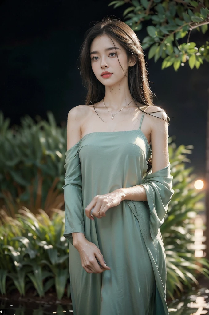 (((best quality))),(((ultra detailed))),(((masterpiece))),illustration,((1 beautiful girl,solo)),((slim,thin,flat chest)),(shoulder length straight bob hair:1.2),flowing hair,fair skin,(shiny skin:1.3),sparkling eyes,blue sundress,delicate necklace,grass,dewdropletts,trees,bird chirping,serenity,gratitude,awe,wonders of nature,peace,contentment,magnificent world,summer,(pitch-dark dawn:1.5),(night scene:1.3),upper body,from front,after rain,(wet:1.3),standing,on the path,dark clouds,confident gaze,elegant posture,mysterious atmosphere,solemn mood,dawn approaching,detailed decorations,(sunrise:1.3),rainbow