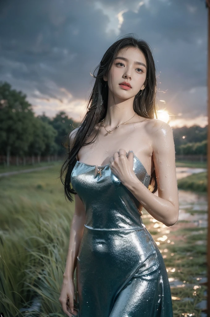 (((best quality))),(((ultra detailed))),(((masterpiece))),illustration,((1 beautiful girl,solo)),((slim,thin,flat chest)),(shoulder length straight bob hair:1.2),flowing hair,fair skin,(shiny skin:1.3),sparkling eyes,blue sundress,delicate necklace,grass,dewdropletts,trees,bird chirping,serenity,gratitude,awe,wonders of nature,peace,contentment,magnificent world,summer,(pitch-dark dawn:1.5),(night scene:1.3),upper body,from front,after rain,(wet:1.3),standing,on the path,dark clouds,confident gaze,elegant posture,mysterious atmosphere,solemn mood,dawn approaching,detailed decorations,(sunrise:1.3),rainbow