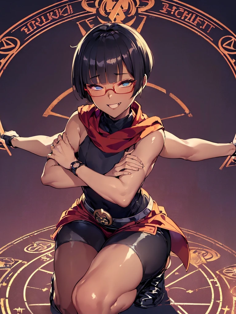 (flat chest), (masterpiece:1.2), highest quality, High resolution, unity 8k wallpaper, (fine and beautiful eyes:1.6), highly detailed face, perfect lighting, Detailed CG, (perfect hands, perfect anatomy), (1 boy solo:1.4), 20 years old, black hair, extremely beautiful detailfeminine face and eyes, (evil smile:1.4), detailed eyes, best quality,( dark skin:1.8), (turtleneck shirt under yukata:1.2), (bike shorts:1.2), extremely detailed, very precise detailed, (glasses:1.3), blunt bangs, open mouth, (very short pixie cut:1.2), boots,fingerless gloves, smile, (half closed eyes:1.5) ,(squat in magic circle on ground:1.1) ,night sky,long sidelocks,(long red Scarf),(yukata),(squatting),(acrobat pose:1.3),(squat:1.3),(one knee dwon:1.5),(Put one foot in front:1.3),(stylish pose:1.4),(Raise only index finger:1.1),(spread arms:1.5), (1990s \(style\)),(in magic circle on ground only:1.3),(from above:1.2),(open magic scroll by both hands:1.9),(have magic scroll:1.3)