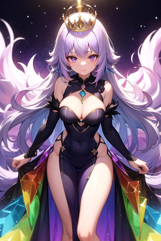 half length body image of an older woman with long light purple hair, purple eyes, foxtails, in a long rainbow dress, a crystal crown on her head, and crystal rainbows in the background