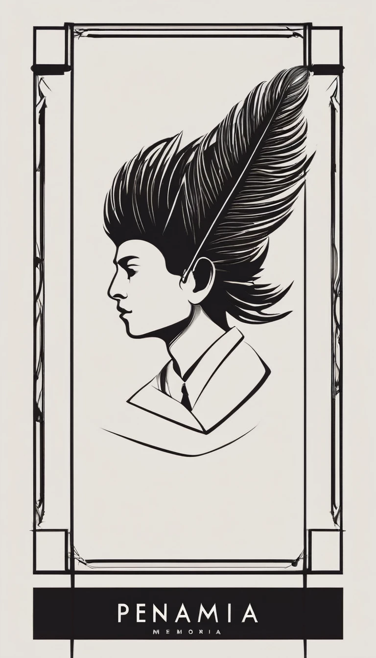 A minimal, modern, simple, cinematic logotype of a boy with a head full of feathers for the brand “Penamemoria" .