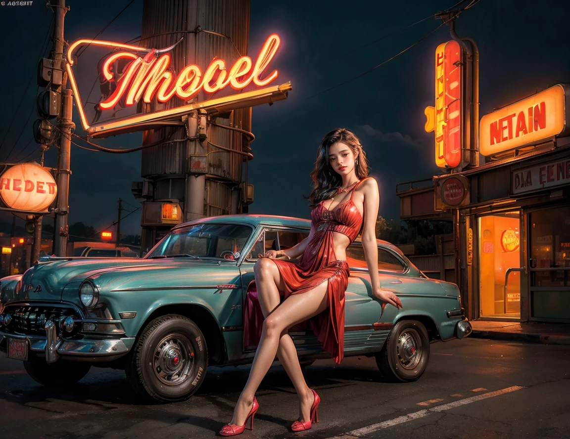 ((masterpiece, highest quality, Highest image quality, High resolution, photorealistic, Raw photo, 8K)), arafed view of a motel with a car parked in front of it, with neon signs, A woman waiting for a guest in front of a motel, seduction, short dress and high heels, route 6 6, neon signs, 1 9 5 0 s americana tourism, some have neon signs, neon lights outside, neon advertisements, gigantic neon signs, neon shops, by Arnie Swekel, few neon signs, neon signs in background,