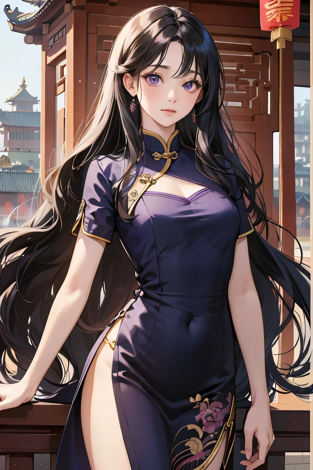 masterpiece, best quality, 1 girl, solo, large breasts, extra long hair, black hair, purple eyes, dark navy china dress, standing, (Beijing:1.2) ,parted bangs , china town , 30 years old , swept bangs , wavy hair , curl outward hair , small eyes , tareme ,