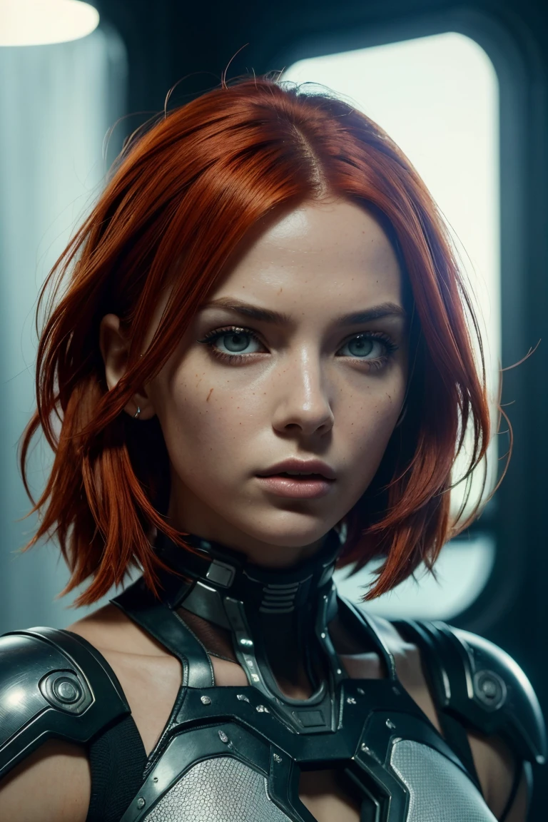 Leeloo of the Fifth Element, ((A bioengineered cyberpunk superbeing who holds the fate of humanity in his hands, Leeloo sports wild red hair, wearing a disguise of a few strategically placed bandages, futuristic cyberpunk background)), (full body pose, dynamic pose), (hyper realist:1.4), (realist:1.3), (Best quality real texture skin.), (full body pose), (light cinemática), very detailed skin, skin pores, (Very detailed face:1.1), (sexy, neckline, pinching), (very detailed eyes:1.1), realist pupils, (perfect ???????:1.1), (perfect proportions:1.1), (Photography:1.1), (photorealist:1.1), volumetric lighting, dynamic lighting, real shadows, (high resolution:1.1), sharp focus, light, (realist, hyperrealist:1.4), intricate, high detail, dramatic, subsurface dispersion, great depth of field, Vivid, pulido, sharp, ((full sharp)), (extremely absurd),8k hdr