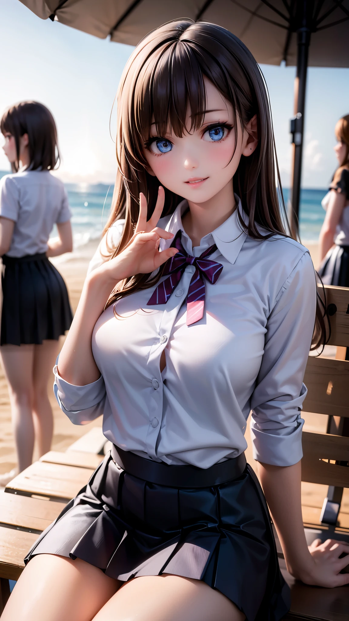 a beautiful girl with long brown hair and blue eyes, looking at the viewer with a gentle smile, her bangs framing her face, wearing a white collared shirt and a pleated blue skirt, sitting on a beach as the sun sets in the background, her friends with black and brown hair sitting beside her, all wearing similar outfits with striped socks and pleated skirts, their hands raised in a friendly gesture, flying sweat drops adding to the lively, energetic atmosphere, (3girls:1.4), (best quality,8k,highres,masterpiece:1.2),ultra-detailed,(realistic,photorealistic,photo-realistic:1.37),studio lighting,vivid colors,physically-based rendering,professional,extremely detailed eyes and face,longeyelashes,beautiful detailed eyes,beautiful detailed lips