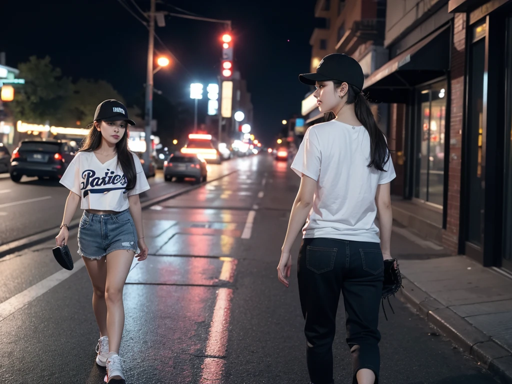 1 Girl,night,With a baseball cap,Walking on the street,Back,It's drizzling