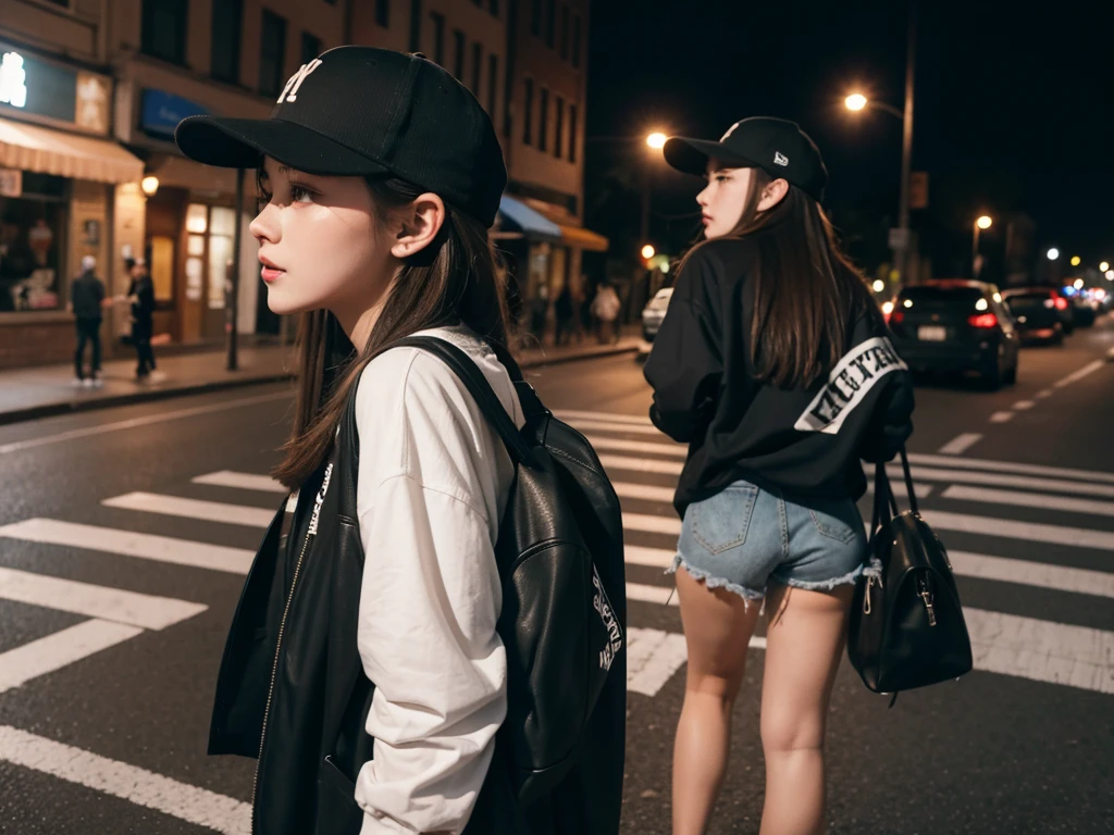1 Girl,night,With a baseball cap,Walking on the street,Back,It's drizzling