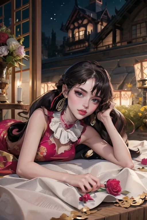 1 girl, a girl with bat wings, holding a red rose, succubus, a red roses on focus, red roses, black hair, pink hair, multicolored hair, bat choker, necklace, centered, bat jewelry, gothic scenery, Pink bat Jewelry, smile, vampire fangs, (looking at viewer), Draculaura_MH, wavy hair, solo, red roses, ornament hair, pink roses on her hair, bat ears on the top of the head, a vampire girl, holding a red rose, perfectly body, perfectly hands, pink hair, flowing hair, short hair, laying down on a grass, chinese garden style, oriental garden, a lake with white carpas on the background, gold lantern, black dress, chinese black dress, a dress with layers, short skirt, more details on her clothes, laying down, golden details, night, smiling, pink dress, garden scene, cowboy shot, luxury, gold details on her clothes, 1girl, dress, jewelry, maid clothes, maid, maid dress, maid apron, maid headdress, white apron, solo, black dress, gold lantern, Chinese style, Chinese lanterns, Chinese maid dress, laying down on the grass, black gloves, black socks, white laces, pink shoes, gold details on her clothes, cat ears, animal ears, garden, roses, more details, best quality