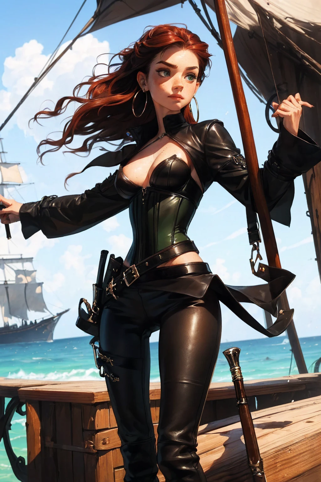 (masterpiece), best quality, expressive eyes, perfect face, (pirate ship background), (standing), (smirk), (closeup view), (1girl, , pale skin, freckled skin, dark red hair, wavy hairstyle, green eyes, hourglass figure, thin body, skinny body, petite_body, medium breasts, thick thighs, long fingernails, exposed bra, white front lace blouse, long sleeve, loose fit, black leather corset, black leather pants, black boots, sheathed cutlass sword, flintlock pistol in holster, hoop earrings, miscellaneous jewelry)