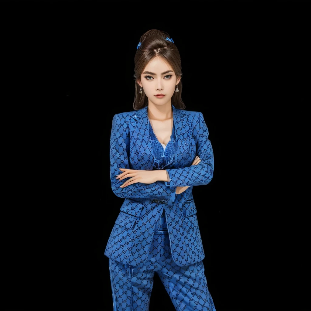 arafed woman in a blue suit with arms crossed, girl in suit, wearing fashion suit, girl in a suit, full body xianxia, in style of lam manh, jia, blue suit, in a blue qipao, wearing an ornate suit, woman model, intricate suit, inspired by Ruth Jên, wearing suit, suit, There is a beautiful racing car behind
