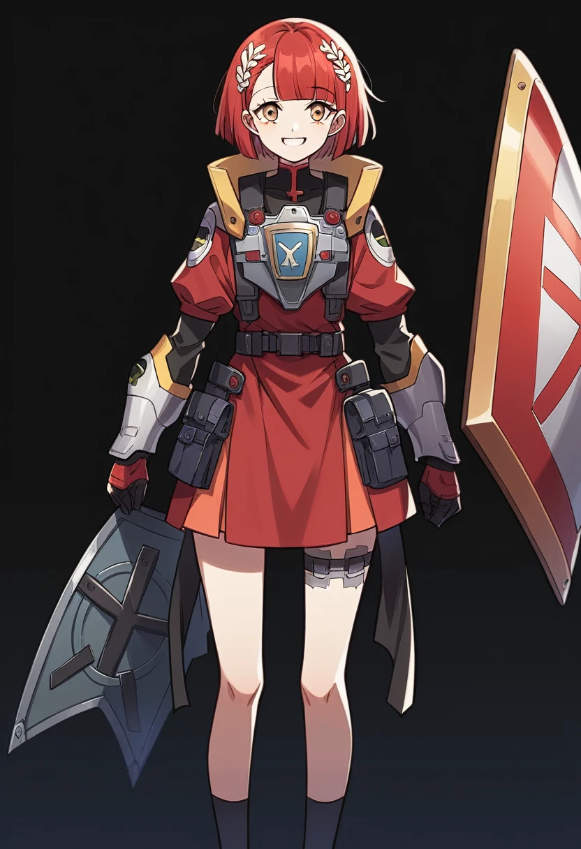 Anime-style woman in black and red outfit holding large shield, Cyberpunk Anime Girl Mecha, Wearing technical clothing, Amazing anime 8k, From Girls Frontline, Mechanized Soldier Girl, Special Assault Team, special forces, M4 Sopmod II Girls Frontline, Official character art, Kashert Kenz, Kshat Garland, ((short length red hair)), innocent, cute, smiling, ((black background)), ((simple background)), ((holding super large shield)), ((Shield as tall as the owner's height)), ((small chest)), ((black long botoms))