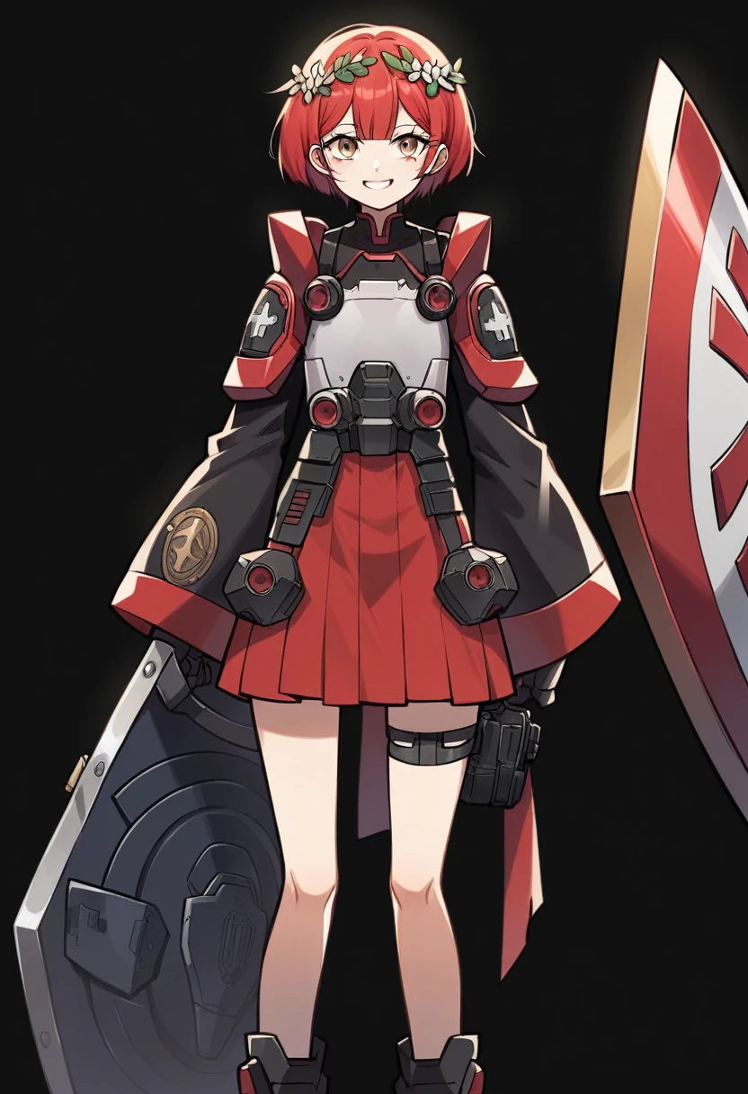Anime-style woman in black and red outfit holding large shield, Cyberpunk Anime Girl Mecha, Wearing technical clothing, Amazing anime 8k, From Girls Frontline, Mechanized Soldier Girl, Special Assault Team, special forces, M4 Sopmod II Girls Frontline, Official character art, Kashert Kenz, Kshat Garland, ((short length red hair)), innocent, cute, smiling, ((black background)), ((simple background)), ((holding super large shield)), ((Shield as tall as the owner's height)), ((small chest)), ((black long botoms))