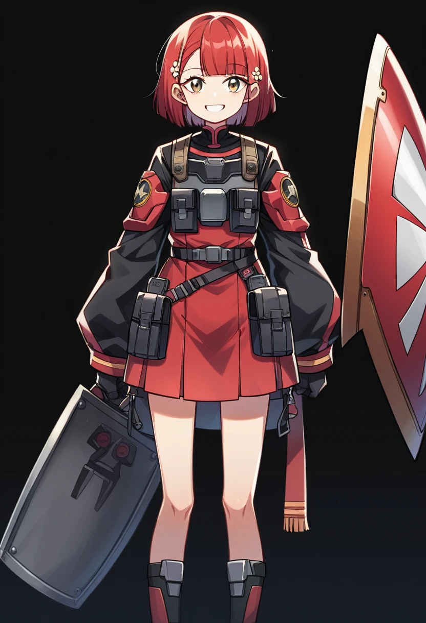 Anime-style woman in black and red outfit holding large shield, Cyberpunk Anime Girl Mecha, Wearing technical clothing, Amazing anime 8k, From Girls Frontline, Mechanized Soldier Girl, Special Assault Team, special forces, M4 Sopmod II Girls Frontline, Official character art, Kashert Kenz, Kshat Garland, ((short length red hair)), innocent, cute, smiling, ((black background)), ((simple background)), ((holding super large shield)), ((Shield as tall as the owner's height)), ((small chest)), ((black long botoms))