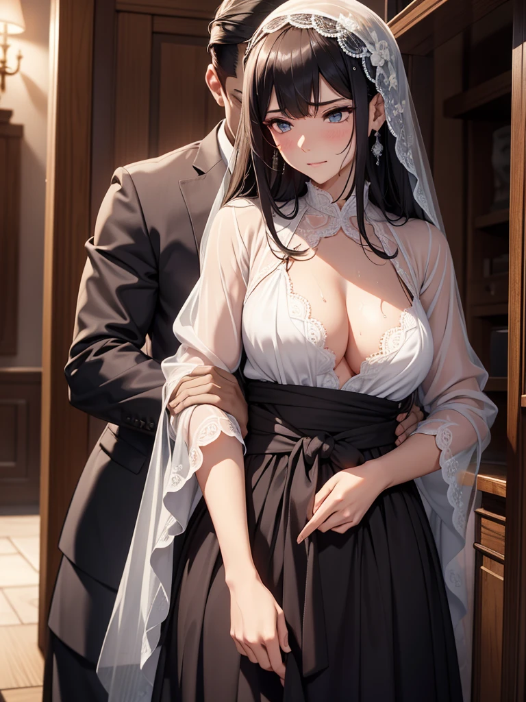 Wedding dress　Wedding hall　Black Hair　tiara　Beautiful breasts　White bra　Nipples　No areola　Feeling embarrassed