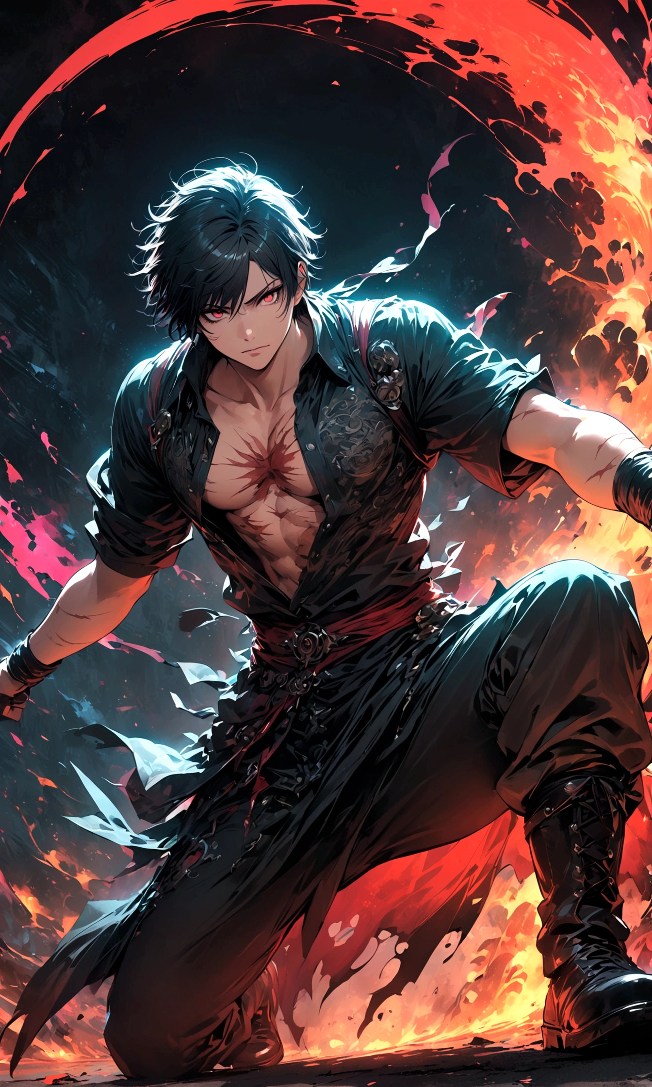 1 male,Jinmu,Tokyo Ghoul,,Ishida Sui's style,Intricate details,Use black and white as the main colors,decadent,artwork,Rendering,Dynamic poses,(masterpiece:1.3),(best quality:1.4),(Extremely detailed:1.5),high resolution,Extremely detailed,Unity 8K wallpaper,Dark Fantasy,glare,Fighting Style,crazy微笑,Scars,Blood,crazy,Best color balance,