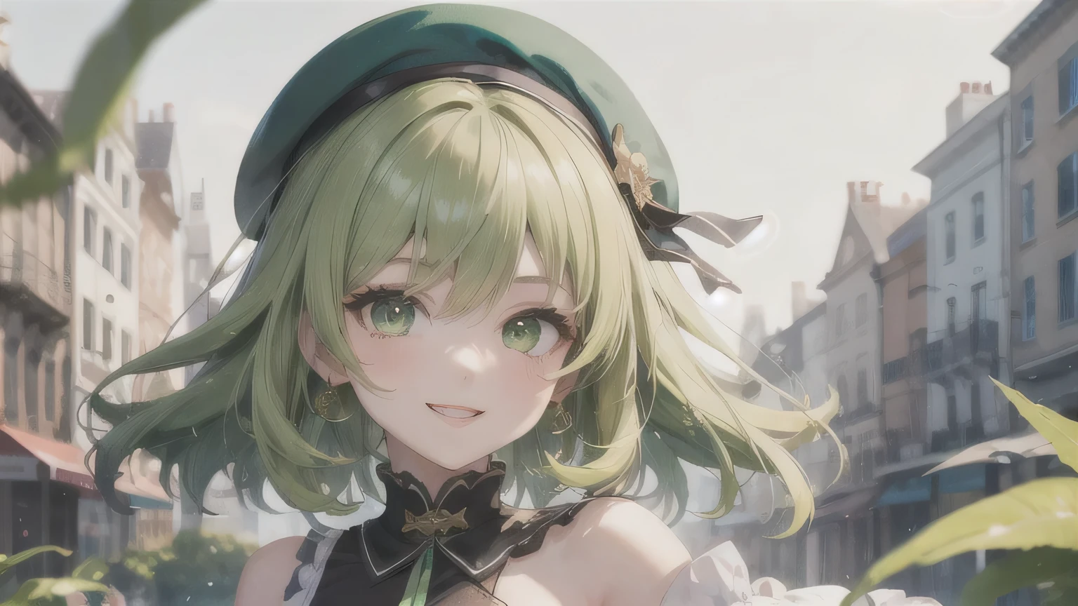 One Girl,20-year-old,Beautiful Face,Upper Body,Yellow-green hair,Yellowish green hair、Medium Hair、Sharp focus,beret、A cheerful smile、Green Eyes